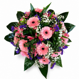 Růžová radost – kytice s germínami a gypsophilou